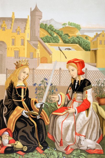 St. Catherine of Alexandria and St. Agnes of Rome, after a work attributed to Marguerite van Eyck, from Les Arts au Moyen Age, published 1873 by French School